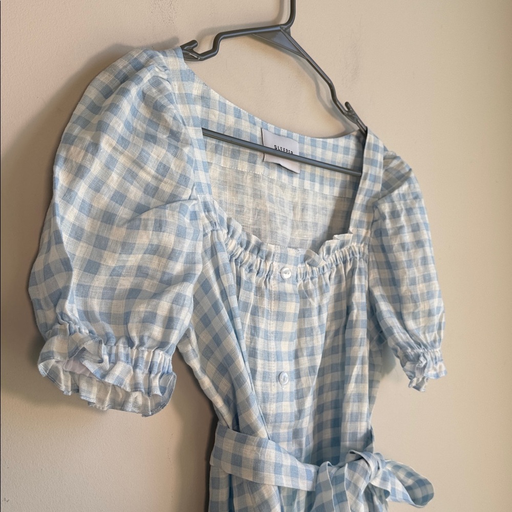 Sleeper Brigette Linen Mini Dress in Blue Vichy - M - Picture 2 of 6